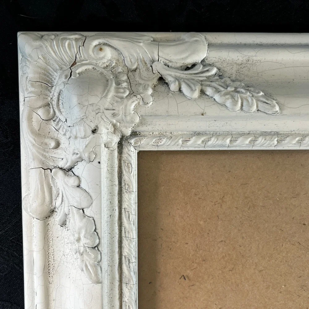 Vtg Picture Frame Ornate White Crackle 14.5x17.5